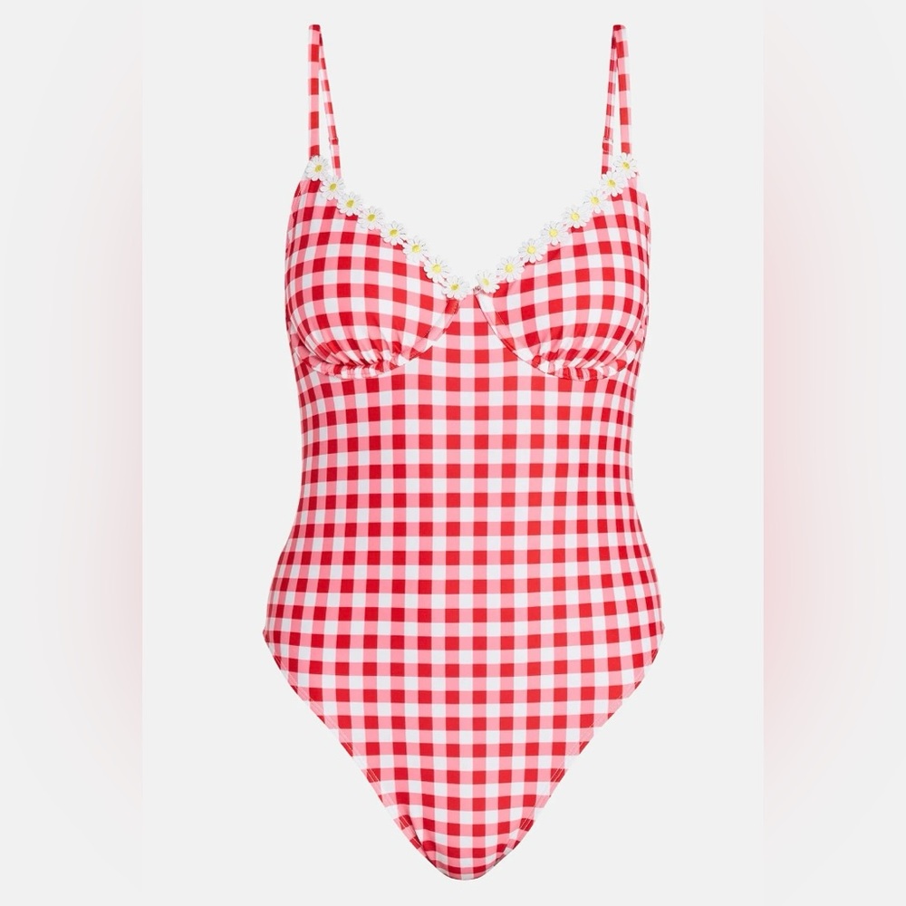 NWT No Boundaries Red‎ Gingham Daisy Trim One Piece Swimsuit Size Medium